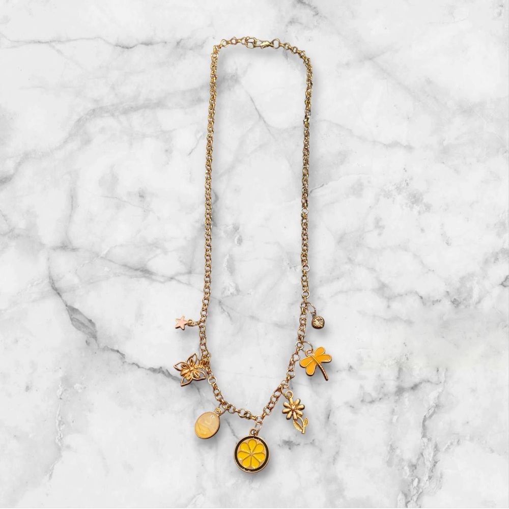 Gold Charm Necklace with Floral Accents - Picture 2 of 2